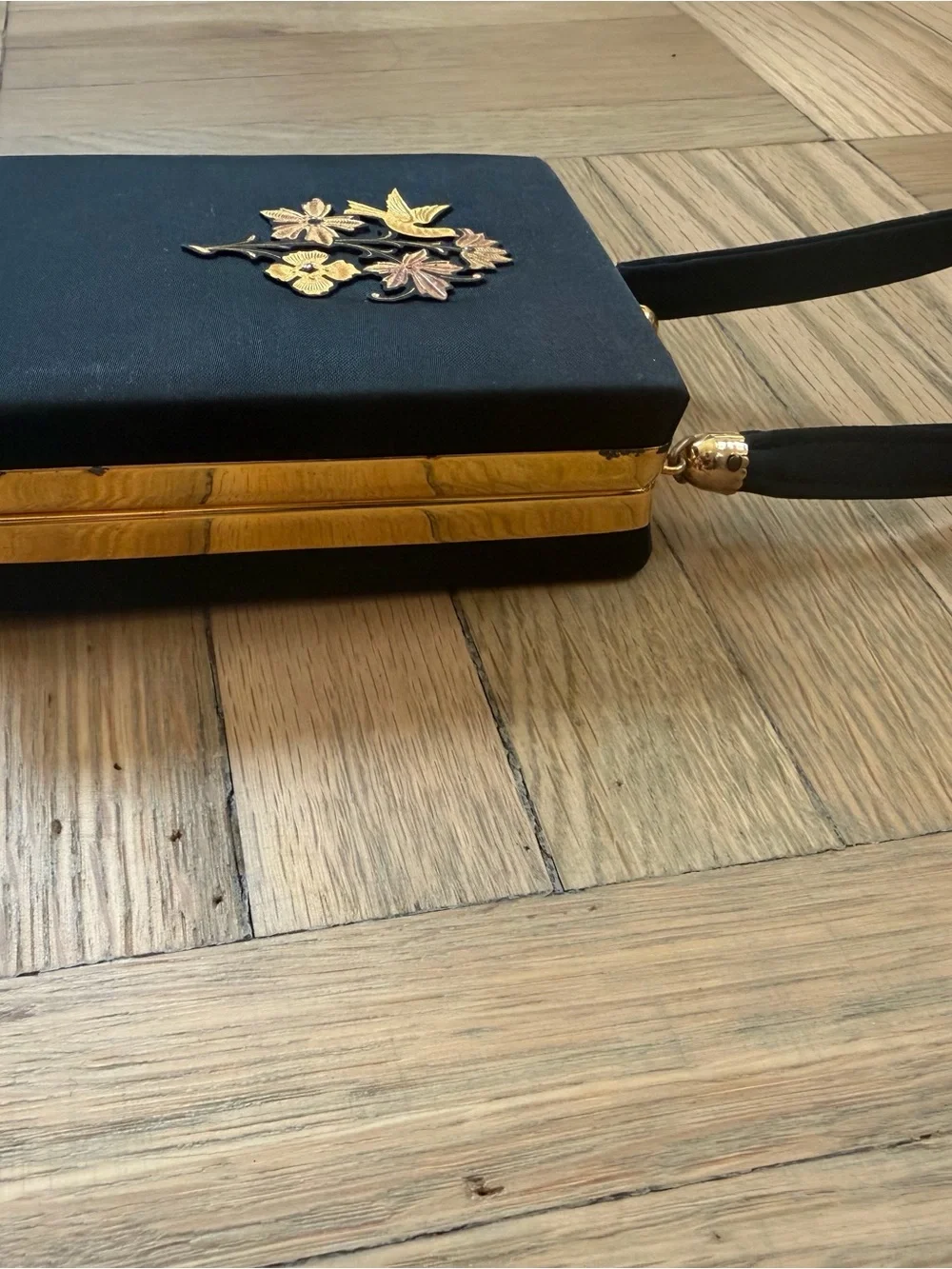 Vintage Silk Black Floral Handbag with Gold Appliqué, Mirror and Lipstick placer